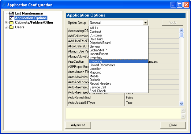 Application Configuration - selecting Option Group