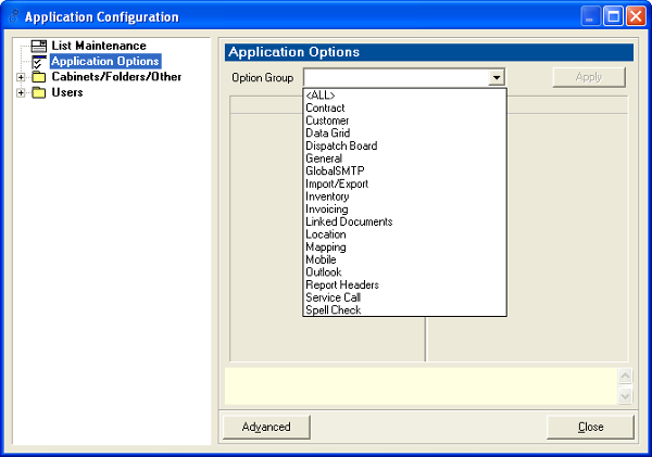 Application Confiugation dialogue box Application Options