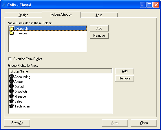 Calls - Closed dialogue box - Folders/Group tab