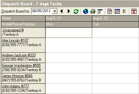 Dispatch Board - 7 days Techs