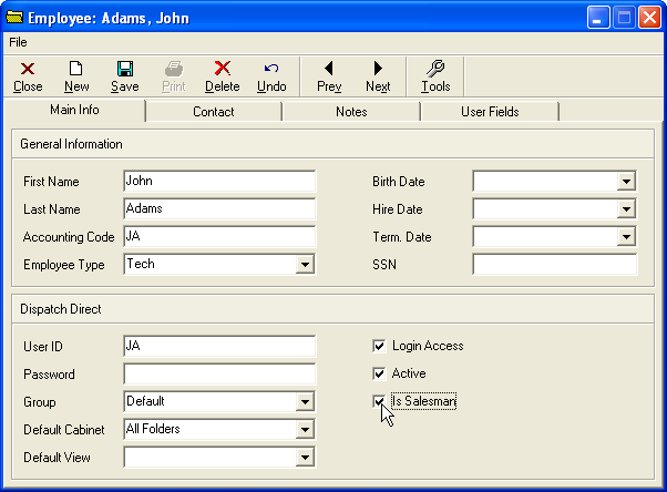 Employee: Adams, John - Main Info tab