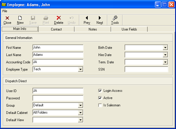 Employee Adams, John - Main Info