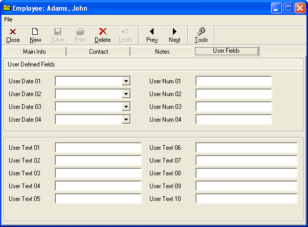 Employee Adams, John - User Fields