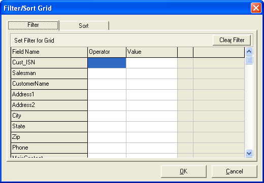 Filter-Sort Grid dialogue box - Filter tab