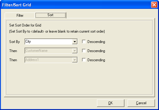 Filter-Sort Grid dialogue box - Sort tab