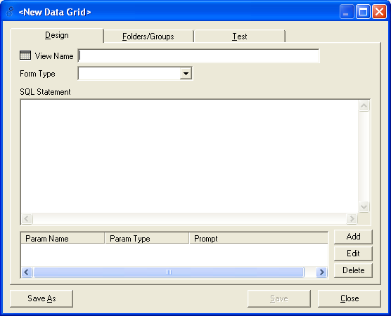 New Data Grid dialogue box - Design tab