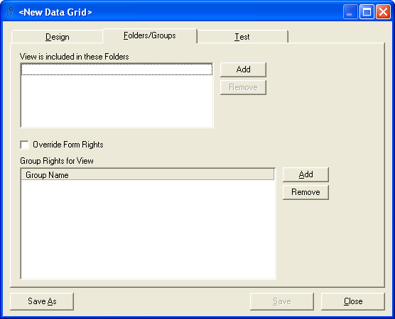 New Data Grid dialogue box - Folders/Groups tab