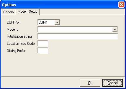Options dialogue box Modem Setup tab