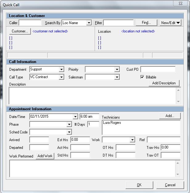 Quick Call dialogue box