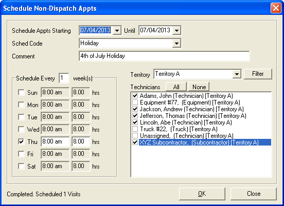 Schedule Non-Dispatch Appts dialogue box