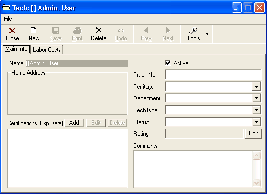 Tech: [] Admin, User dialogue box