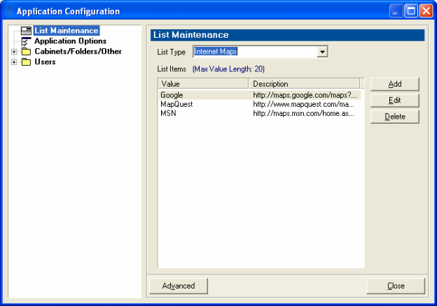 Application Configuration - List Type - Internet Maps