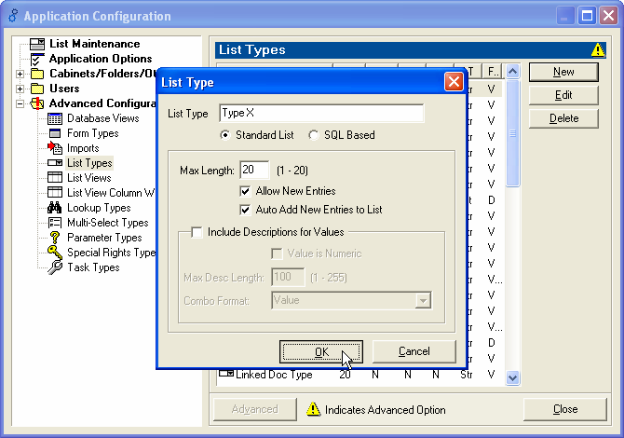 Application Configuration - List Type dialogue box