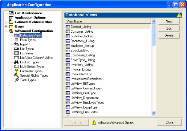 Application Configuration dialogue box - Advanced Configuration - Database Views