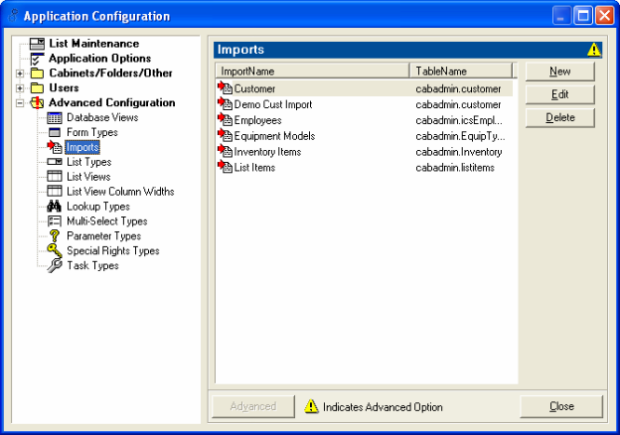 Application Configuration dialogue box - Advanced Configuration - Imports