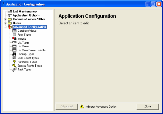 Application Configuration dialogue box - Advanced Configuration - subfolders