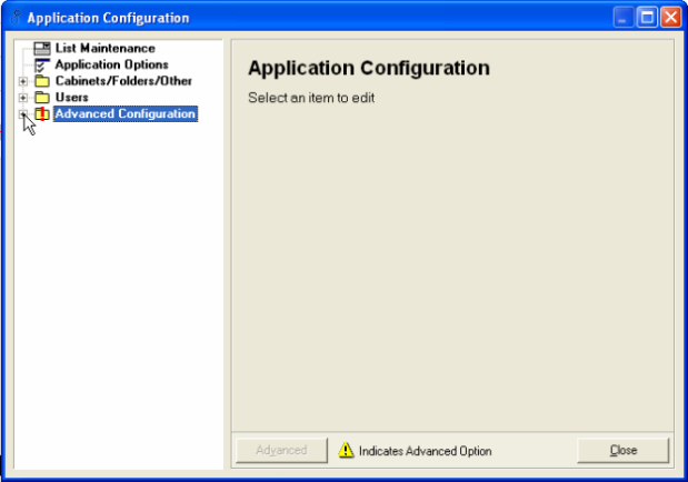 Application Configuration dialogue box - Advanced Configuration
