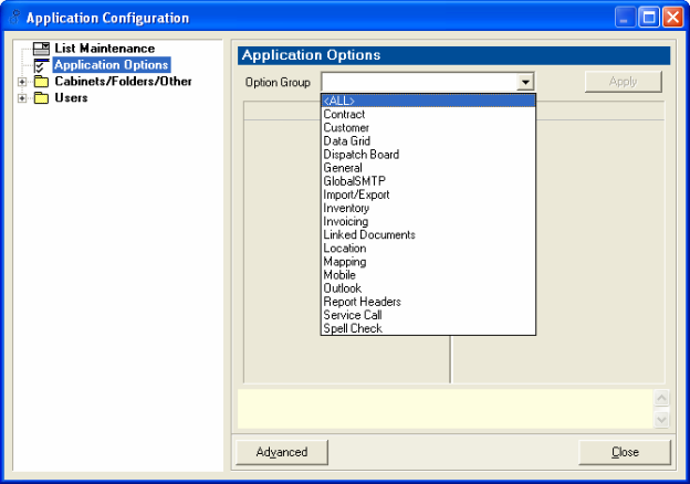 Application Configuration dialogue box - Application Options - Option Group 