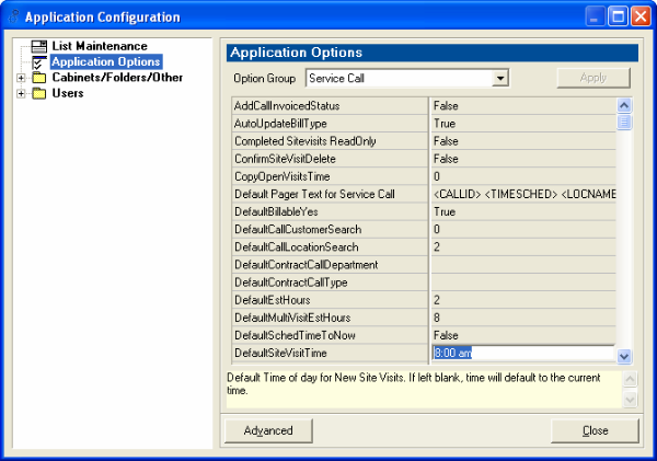 Application Configuration dialogue box - Application Options - Service Call