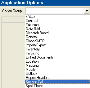 Application Configuration dialogue box - Application Options dropdown menu - Service Call