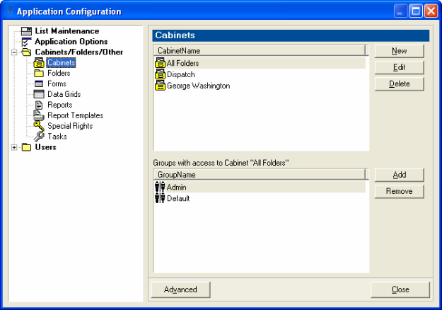 Application Configuration dialogue box - Cabinets/Folders/Other - Cabinets