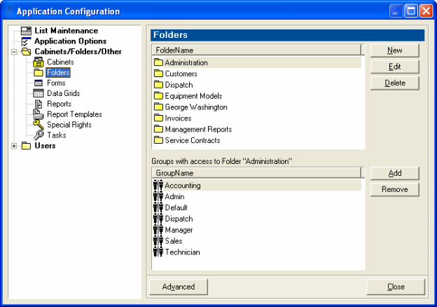 Application Configuration dialogue box - Cabinets/Folders/Other - Folders