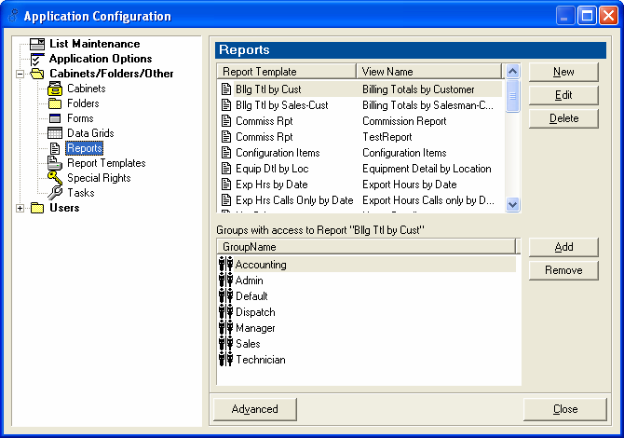 Application Configuration dialogue box - Cabinets/Folders/Other - Reports