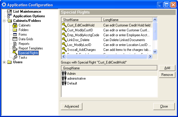 Application Configuration dialogue box - Cabinets/Folders - Special Rights
