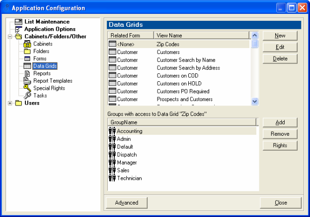 Application Configuration dialogue box - Data Grids folder