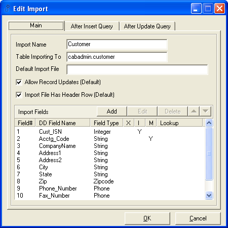 Edit Import dialogue box - Main tab