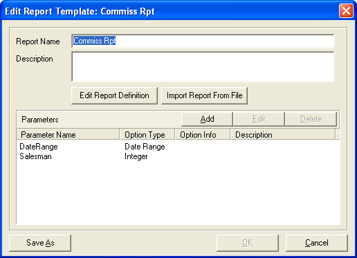 Edit Report Template: Commiss Rpt dialogue box