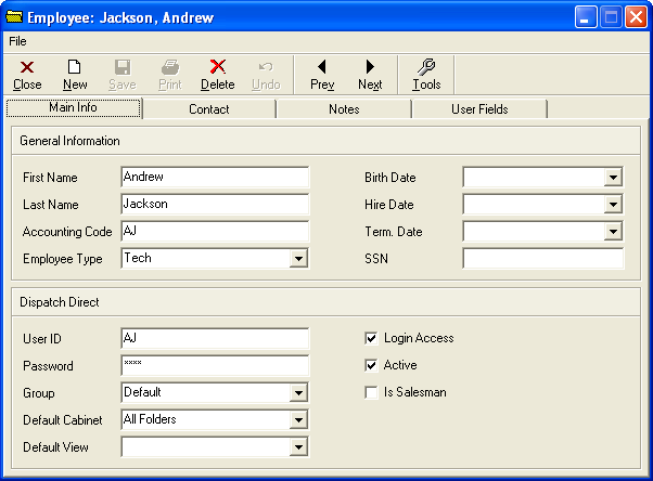 Employee - Jackson, Andrew - Main Info tab