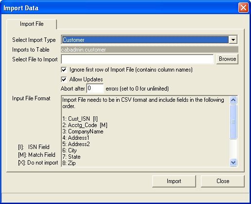 Import Data dialogue box - Import File tab - Select Import Type - Customer
