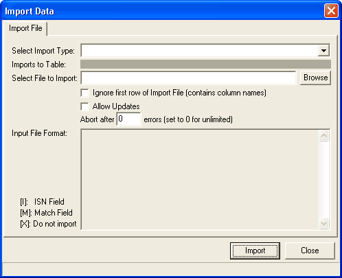 Import Data dialogue box