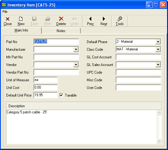 Inventory Item [CAT5-25] - Main Info tab