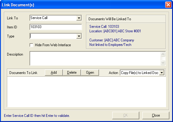 Link Documents dialogue box - Item ID 103103