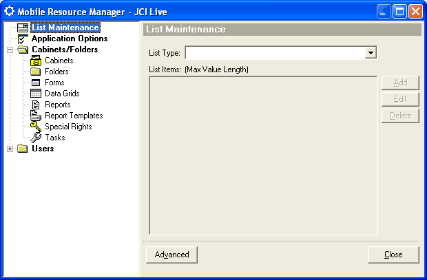 List Maintenance dialogue box