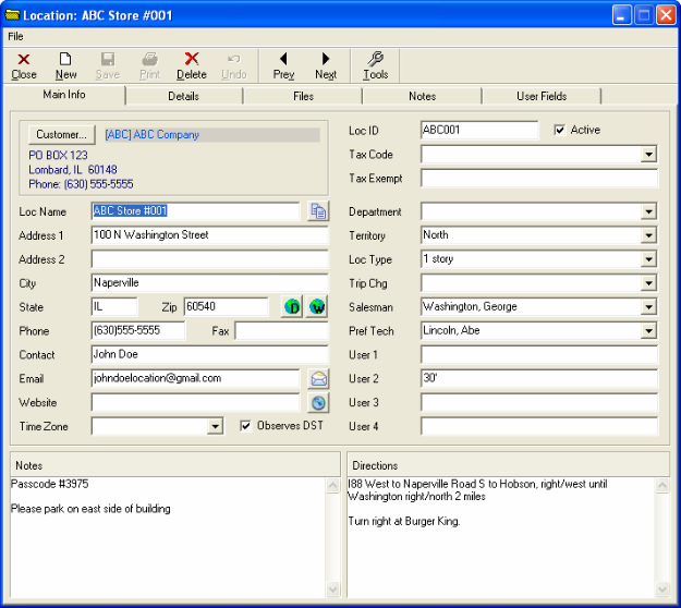 Location: ABC Store #001 - Main Info tab