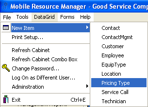 New Item dropdown menu - New Item - Pricing Type
