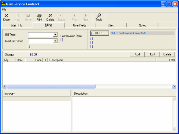 New Service Contract dialogue box Billing tab