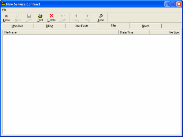 New Service Contract dialogue box Files tab