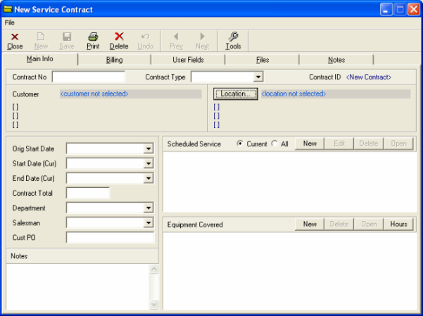 New Service Contract dialogue box Main Info tab