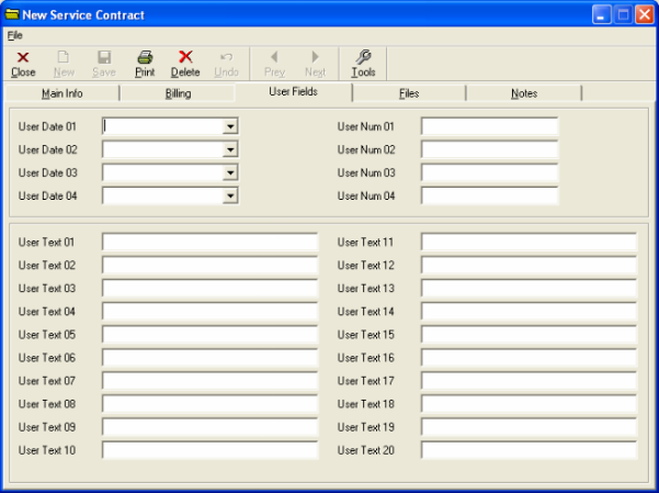 New Service Contract dialogue box User Fields tab