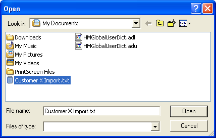 Open dialogue box - Customer X Import file