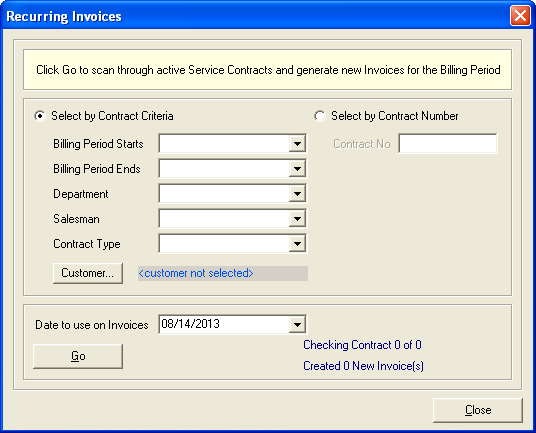 Recurring Invoices dialogue box