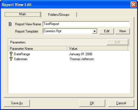 Report View Edit dialogue box - Main tab