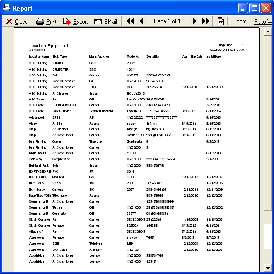 Report dialogue box - Location Equipment