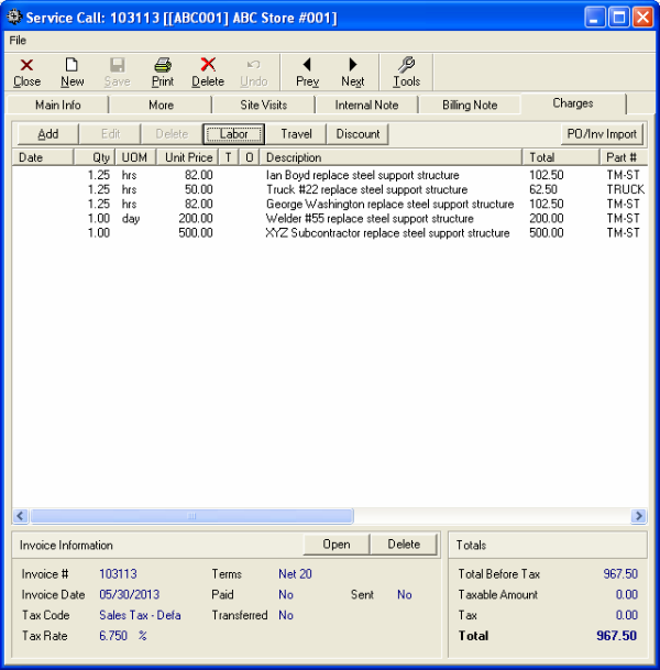 Service Call: 103113 [[ABC001] Store #001] - Charges tab - Labor button