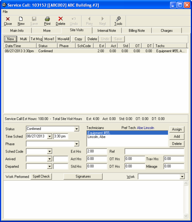 Service Call: 103152 [[ABC002] ABC Building #2] - Site Visits tab