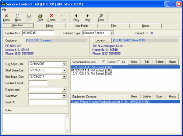 Service Contract - 60 [[ABC001] ABC Store #001] Main Info tab